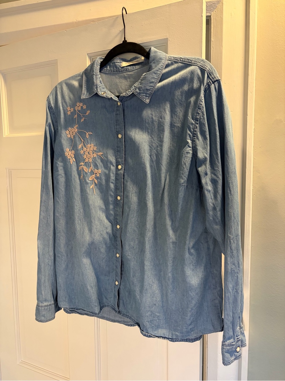 Light Blue Denim Button-Up Shirt with Floral Embroidery